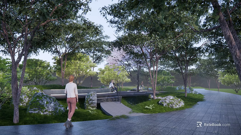 Scenic Road Facilities With Pedestrian Path Landscaping Trees And Rest Areas 3d model 