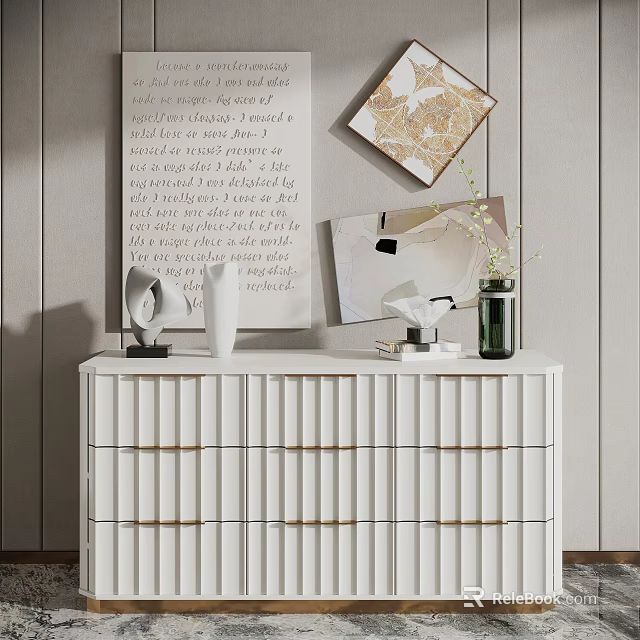White Entryway Cabinet Sideboard with Gold Handle Drawers Decorative Vases Sculptures and Wall Art 3d model 