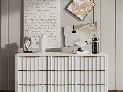 White Entryway Cabinet Sideboard with Gold Handle Drawers Decorative Vases Sculptures and Wall Art 3d model