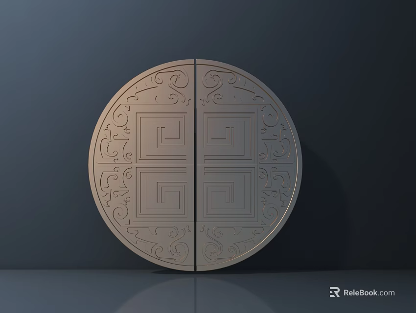 Chinese Style Circular Door Handle With Intricate Carved Patterns And Symmetric Design 3d model 