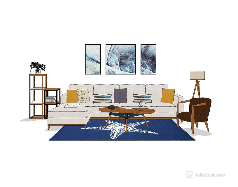 L Shaped Sofa and Coffee Table Set with Throw Pillows Wall Art Blue Rug 3d model