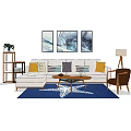 L Shaped Sofa and Coffee Table Set with Throw Pillows Wall Art Blue Rug 3d model