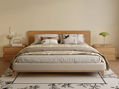 Double Bed with Wooden Headboard Pillows Nightstands Green Table Lamp Vase and Minimalist Bedroom Rug 3d model
