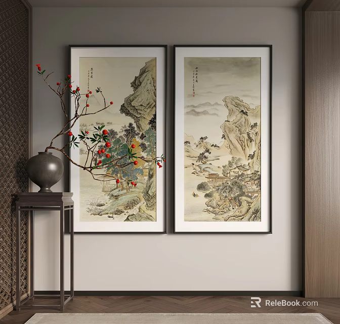 Traditional Chinese Landscape Scroll Paintings Hanging On Wall With Decorative Vase 3d model 