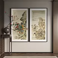 Traditional Chinese Landscape Scroll Paintings Hanging On Wall With Decorative Vase