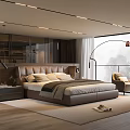 Modern Bedroom Interior With Brown Leather Headboard White Bed Sheets And Scenic View Outside Window
