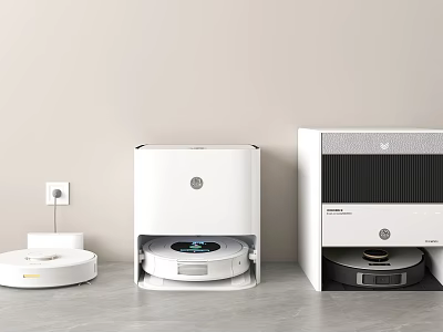 Modern White Robot Vacuum Cleaning Appliances With Charging Docks For Home Use 3d model