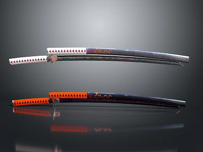 Traditional Katana Swords With Orange Black Handles And Red Accent Patterns 3d model