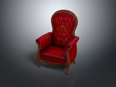 Elegant Red Upholstered Vintage Tufted Chair With Wooden Frame And Armrests 3d model