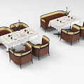 Brown Dining Table Set With White Patterned Tablecloth And Decorative Flowers 3d model