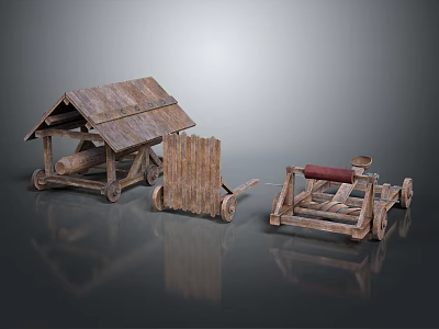 Ancient Wooden Military Vehicles Featuring Catapult Cart And Siege Tools 3d model