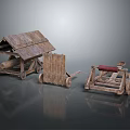 Ancient Wooden Military Vehicles Featuring Catapult Cart And Siege Tools