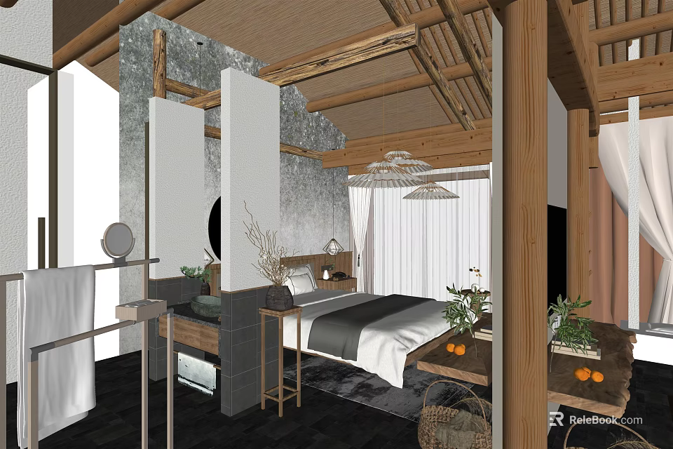 Minimalist Hotel Guest Room Interior With Wooden Ceiling Bed And Potted Plants 3d model 