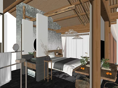 Minimalist Hotel Guest Room Interior With Wooden Ceiling Bed And Potted Plants 3d model
