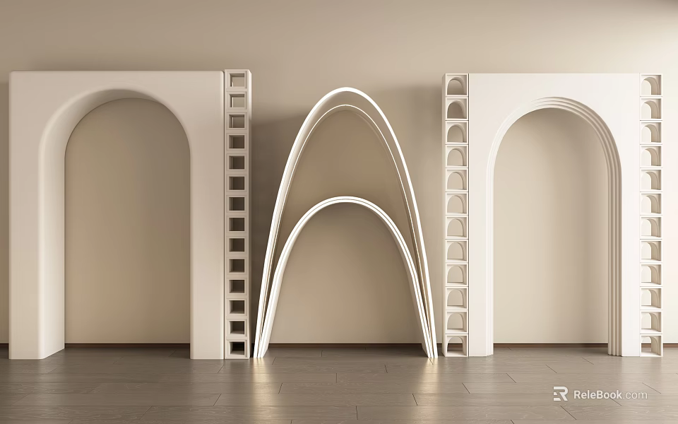 White Architectural Arches Double Curved Center Single Curved Sides Ladder-like Structures Light Walls Gray Floor 3d model 