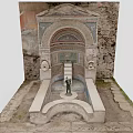 Garden Ornament Display Model Featuring Stone Arched Structure Steps And Water Basin