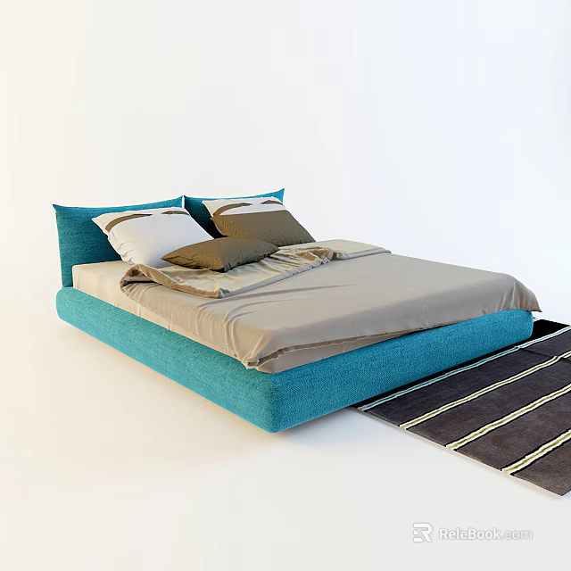 Double Bed With Blue Upholstered Headboard Beige Bedspread Brown Pillows And Striped Rug 3d model 