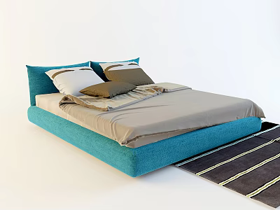 Double Bed With Blue Upholstered Headboard Beige Bedspread Brown Pillows And Striped Rug 3d model