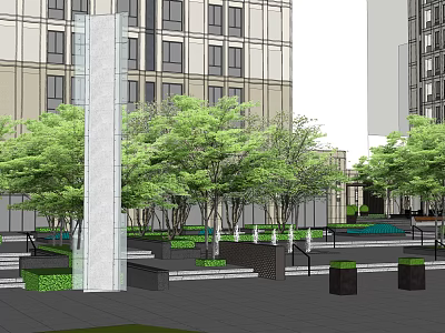 Residential Landscape with Tall Modern Buildings Green Trees Fountains and Lawn Walkways 3d model