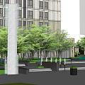 Residential Landscape with Tall Modern Buildings Green Trees Fountains and Lawn Walkways