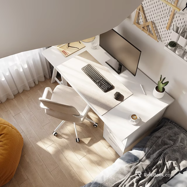 Modern Office Desk With Monitor Keyboard Mouse Ergonomic Chair Coffee Cup And Potted Plant 3d model 