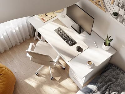 Modern Office Desk With Monitor Keyboard Mouse Ergonomic Chair Coffee Cup And Potted Plant 3d model