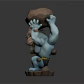Muscular Blue Creature Character Standing Holding Large Rock Above Head On Wooden Base
