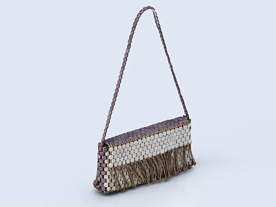 Woven Fringed Handbag With Brown And White Pattern And Braided Strap 3d model