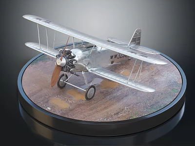Silver Biplane Fighter Aircraft Model With Propeller On Circular Display Base 3d model