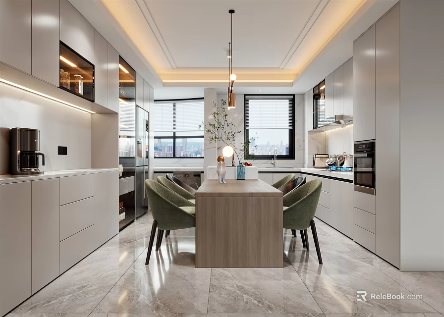 Modern Bright Home Dining Room With Integrated Functional Kitchen Comfortable Chairs And Glossy Marble Flooring 3d model 
