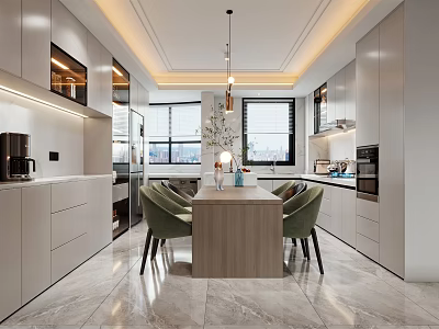 Modern Bright Home Dining Room With Integrated Functional Kitchen Comfortable Chairs And Glossy Marble Flooring 3d model
