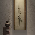 Traditional Wall Painting With Bamboo Bird And Vase On Wooden Shelf
