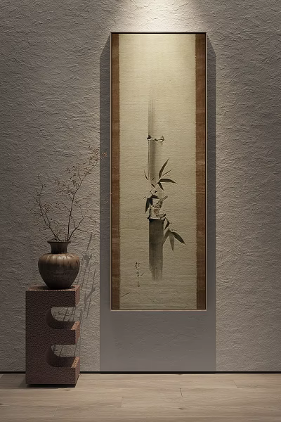 Traditional Wall Painting With Bamboo Bird And Vase On Wooden Shelf 3d model