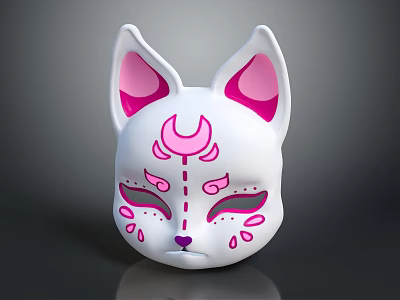 White Cat Shaped Mask With Pink Crescent Moon And Tear Like Patterns 3d model
