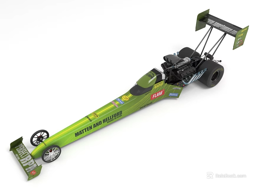 Green Dragster Race Car Featuring Martin McMillen Fram Logos And Aerodynamic Body 3d model 