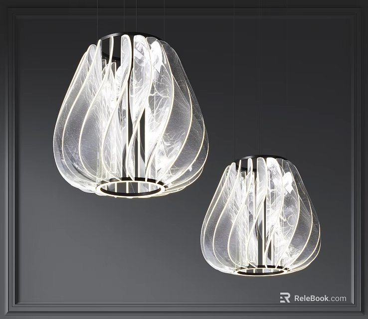 Two Modern Transparent Pendant Lights With Wave Texture Illuminated In Dark Interior 3d model 