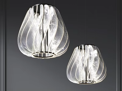 Two Modern Transparent Pendant Lights With Wave Texture Illuminated In Dark Interior 3d model
