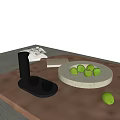 Ceramic Fruit Dish with Green Apples on Wooden Tabletop in Modern Home Interior