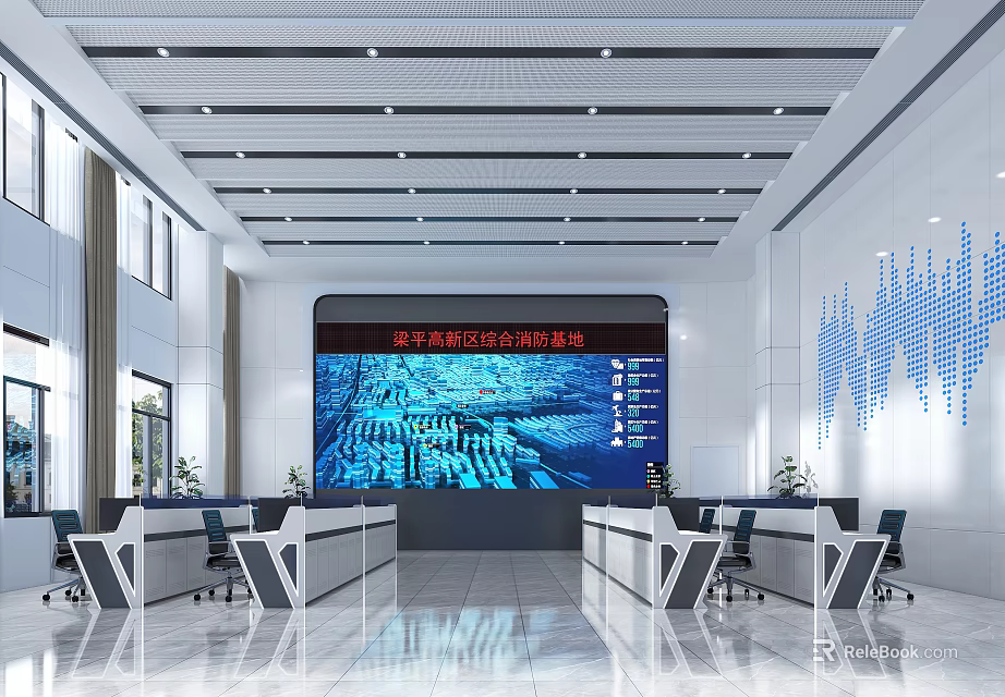 Modern Control Room with Large Screen Display and Multiple Consoles Spacious Bright Interior Design 3d model 