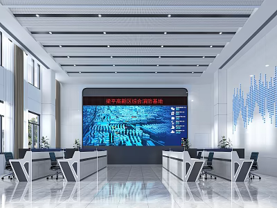Modern Control Room with Large Screen Display and Multiple Consoles Spacious Bright Interior Design 3d model