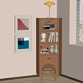 Wooden Decorative Cabinet in Interior Corner with Lamp Books Radio Wall Art and Blinds