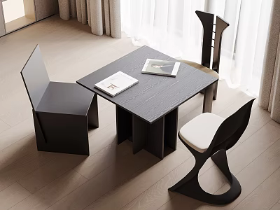 Modern Square Black Wooden Table And Designer Chairs Set With White Cushions In Bright Interior 3d model