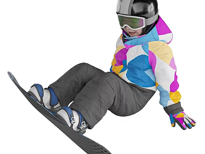 Child Snowboarding In Colorful Jacket With Helmet And Goggles On Snowboard 3d model