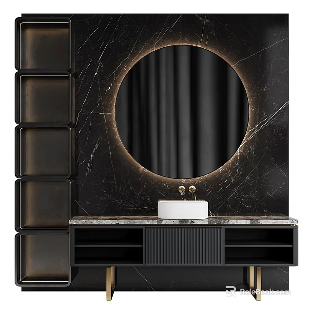 Luxury Black Marble Bathroom Vanity With Round Backlit Mirror And Gold Accents 3d model 