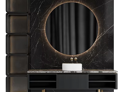 Luxury Black Marble Bathroom Vanity With Round Backlit Mirror And Gold Accents 3d model