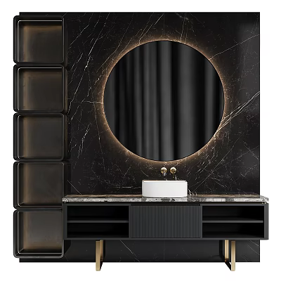 Luxury Black Marble Bathroom Vanity With Round Backlit Mirror And Gold Accents 3d model