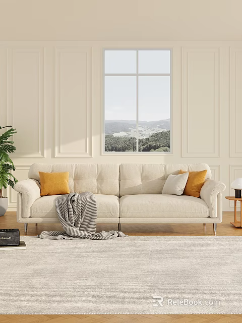 Modern Two Seater Beige Sofa with Pillows Throw Blanket in Living Room with Window 3d model 