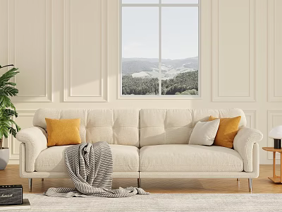 Modern Two Seater Beige Sofa with Pillows Throw Blanket in Living Room with Window 3d model
