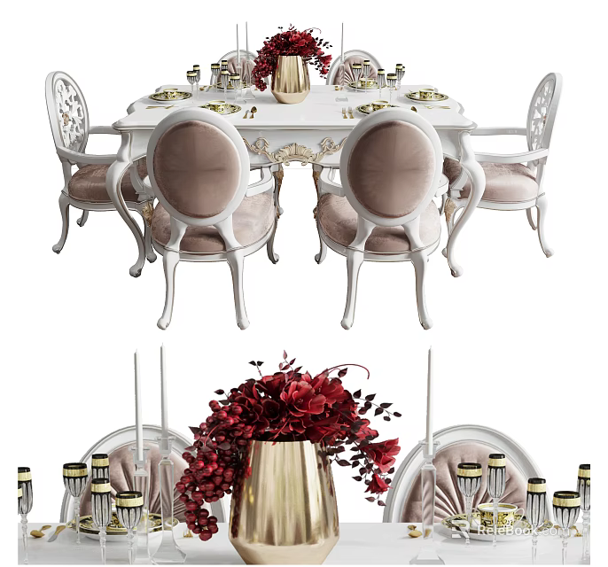 Elegant White Dining Table Set With Pink Upholstered Carved Chairs Gold Vase And Red Flowers 3d model 