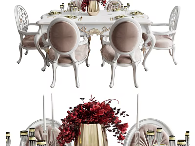 Elegant White Dining Table Set With Pink Upholstered Carved Chairs Gold Vase And Red Flowers 3d model